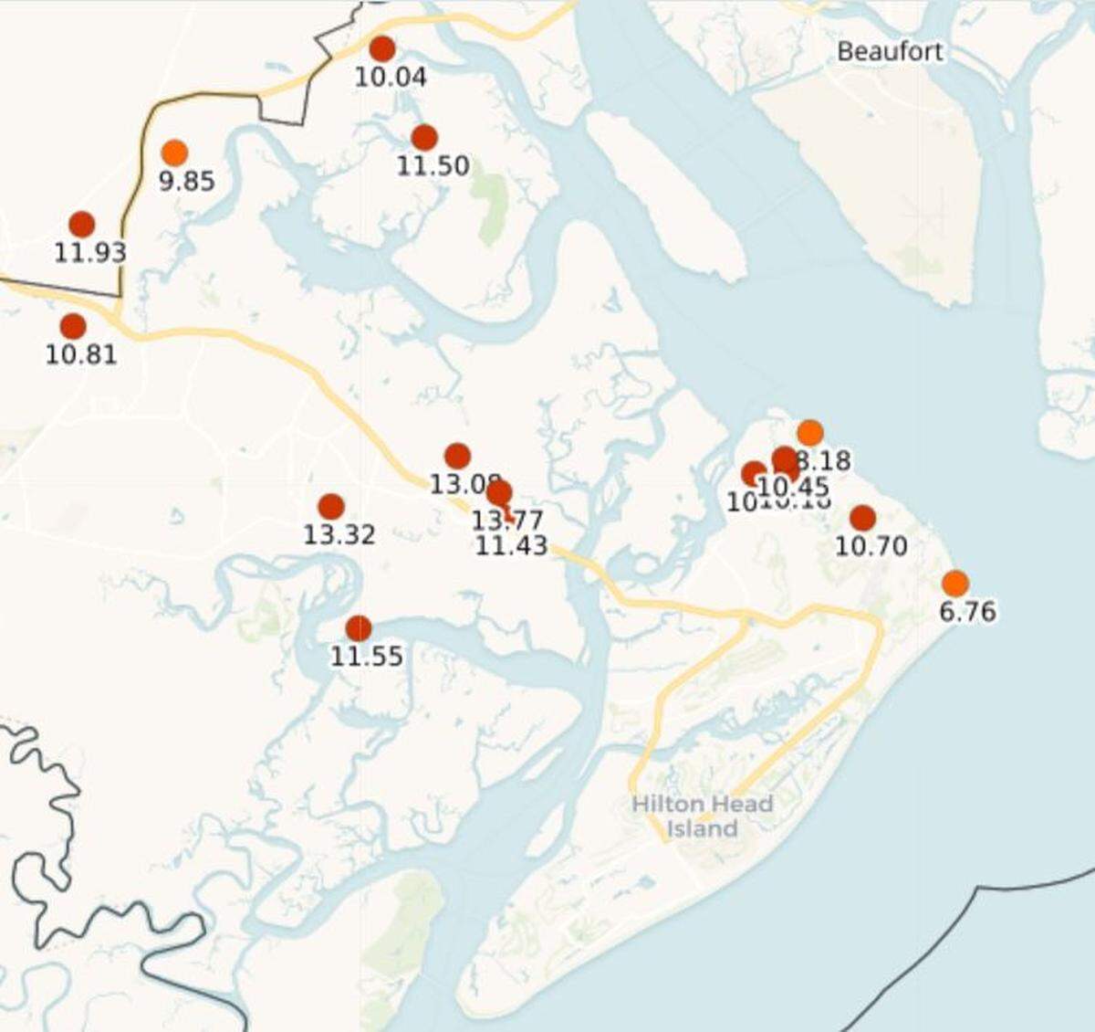Tropical Storm Debby-driven rainfall totals in Bluffton and Hilton Head, South Carolina, covering a 120-hour period that began early Sunday morning, Aug. 4, 2024, and lasted through Thursday evening, Aug. 8, 2024.
