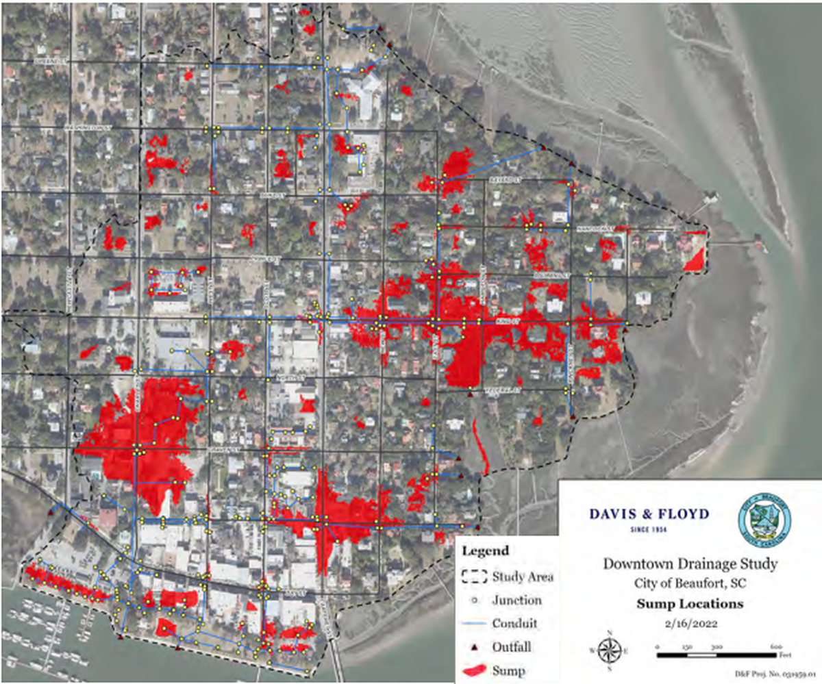 The red indicates “sump” areas where water collects in The Point drainage area and adjacent residential and commercial areas in downtown Beaufort.