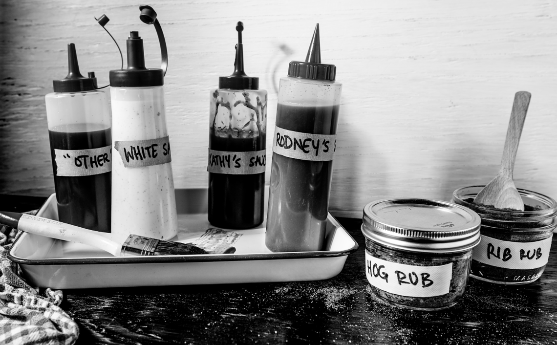 A collection of sauces and rubs used at Rodney Scott’s BBQ in Charleston, SC.