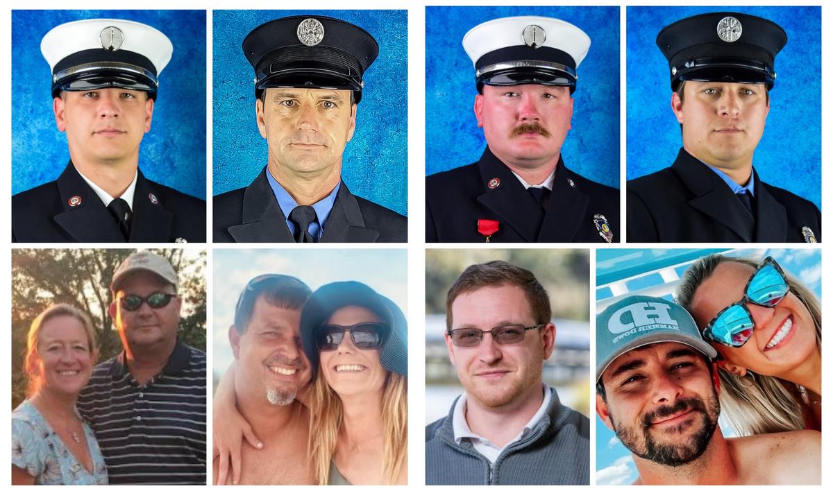 Top from right: Lt. Trey Carter, firefighter DJ Henry, Lt. Clint Holmes, firefighter Zach Painter; bottom from right: Tara and Phillip Hodges, Alan and Ashley Higgins, reserve firefighter Luke Bowman, and Charlie and Lexie Benton