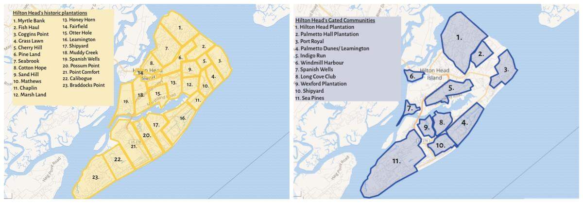 In 1861, nearly all of Hilton Head Island was covered by plantations worked by slaves, according to maps from The Heritage Library and Beaufort County historians. Today, all gated communities sit on pieces of land that once operated as plantations, although few still publicly use the name. A petition to remove the word “plantation” from community signage has garnered over 4,500 signatures.