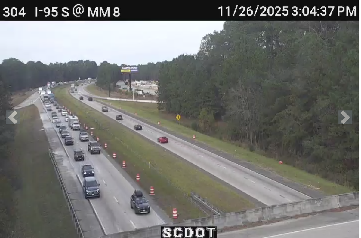 Traffic on southbound I-95 was traveling around 23 mph near Coastal Carolina Hospital around 3 p.m. on Nov. 26, 2025, according to the South Carolina Department of Transportation. Interstate backups began around 8 a.m. due to a crash on the interstate and continued into the afternoon due to an influx of travelers for the Thanksgiving holiday.