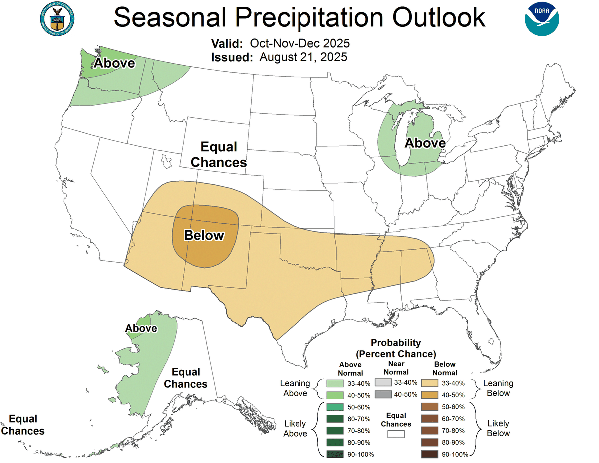 Seasonal precipitation outlook from the National Weather Service Climate Prediction Center for October-December 2025