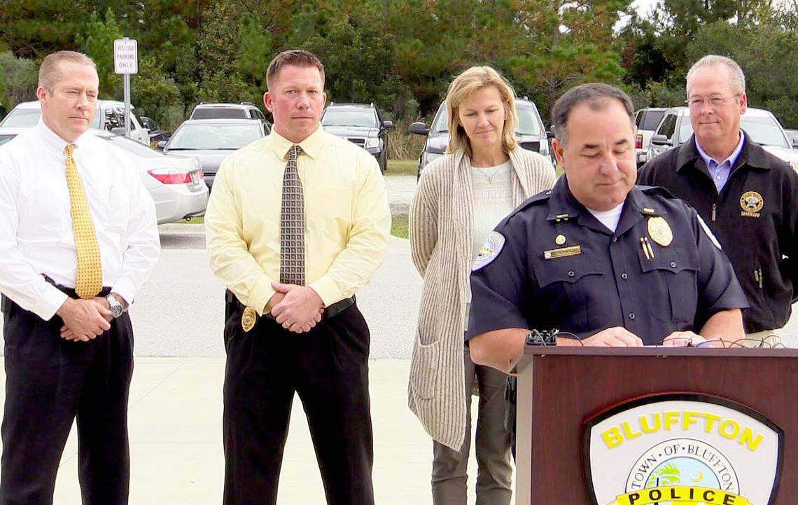 Bluffton Police Chief Joey Reynolds speaks to the media at Bluffton's police headquarters the afternoon of Dec. 3, 2015, to announce the arrest of a Bluffton couple in the October shooting death of 33-year-old Bluffton restaurateur Johnathan Cherol. Behind Reynolds are, from left, Capt. Bob Bromage, Lt. Joseph Babkiewicz, Bluffton Mayor Lisa Sulka and Beaufort County Sheriff P.J. Tanner.