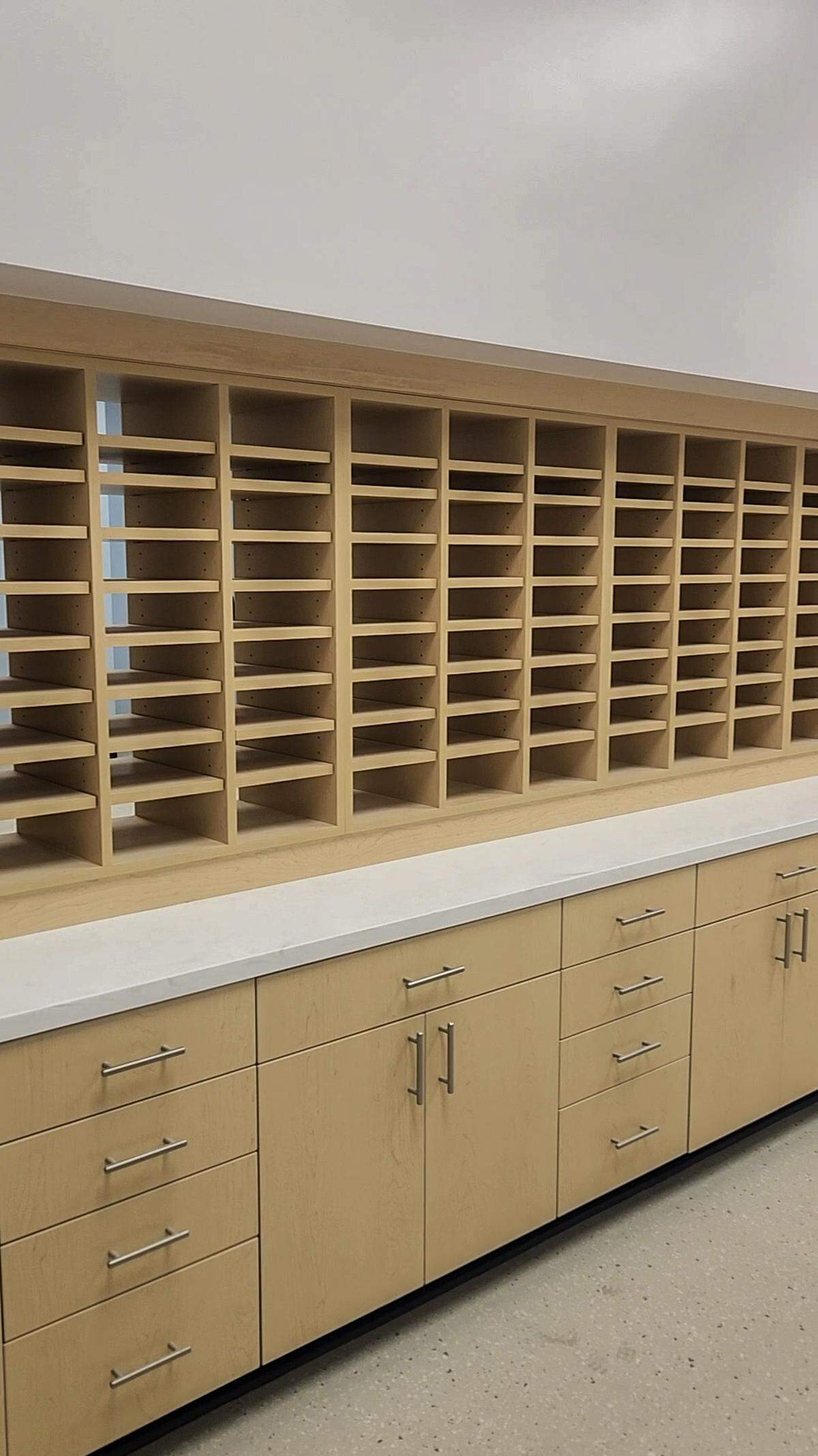 The teachers’ break area is divided by a slatted mail wall at the new Hilton Head Island High School as photographed on March 26, 2026, on Hilton Head Island.