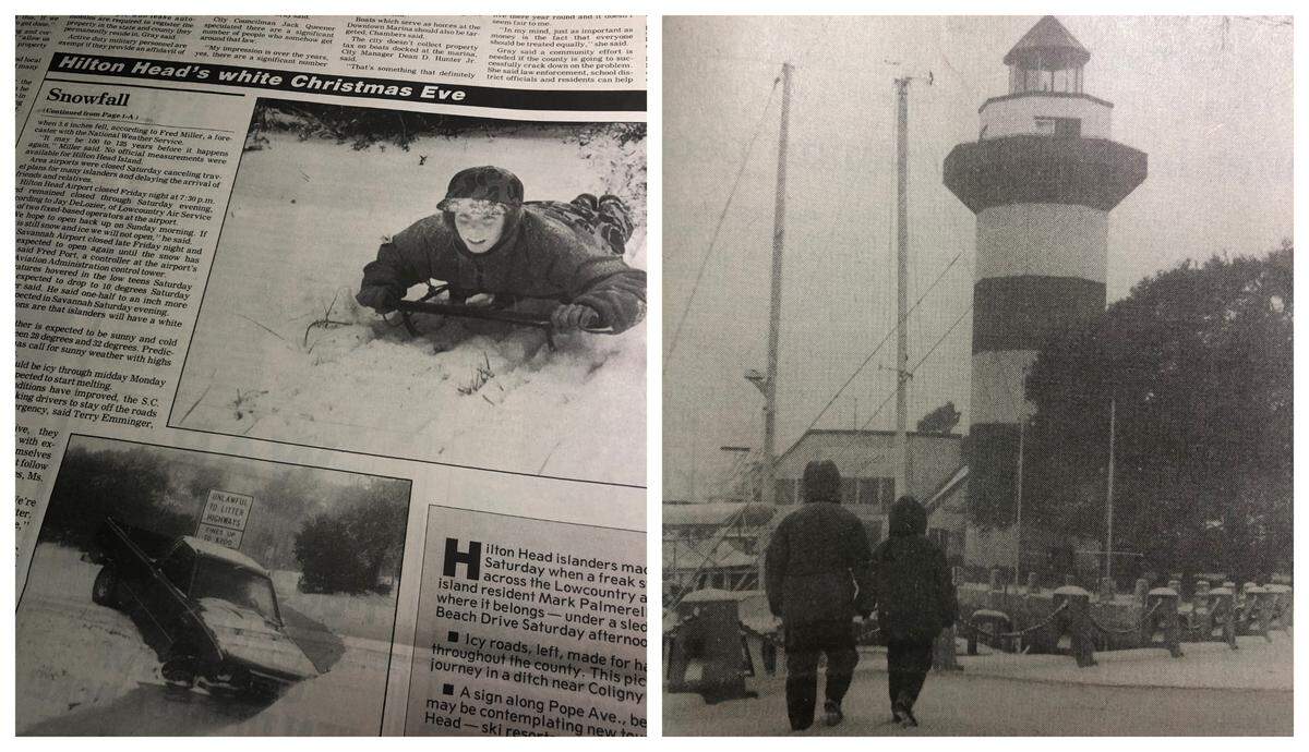 On Christmas eve in 1989, a rare snowfall blanketed Beaufort County’s landmarks, including the Harbour Town Lighthouse.
