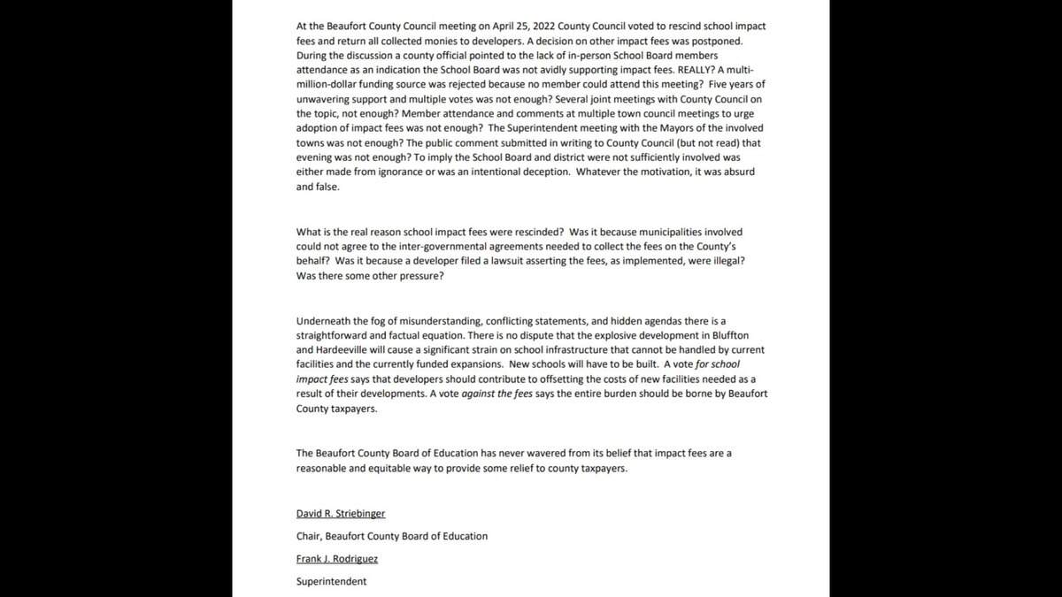 The Beaufort County school board released a letter Wednesday expressing their dismay at comments made at a county council meeting where the issue of school impact fees were discussed and ultimately repealed on April 25, 2022.