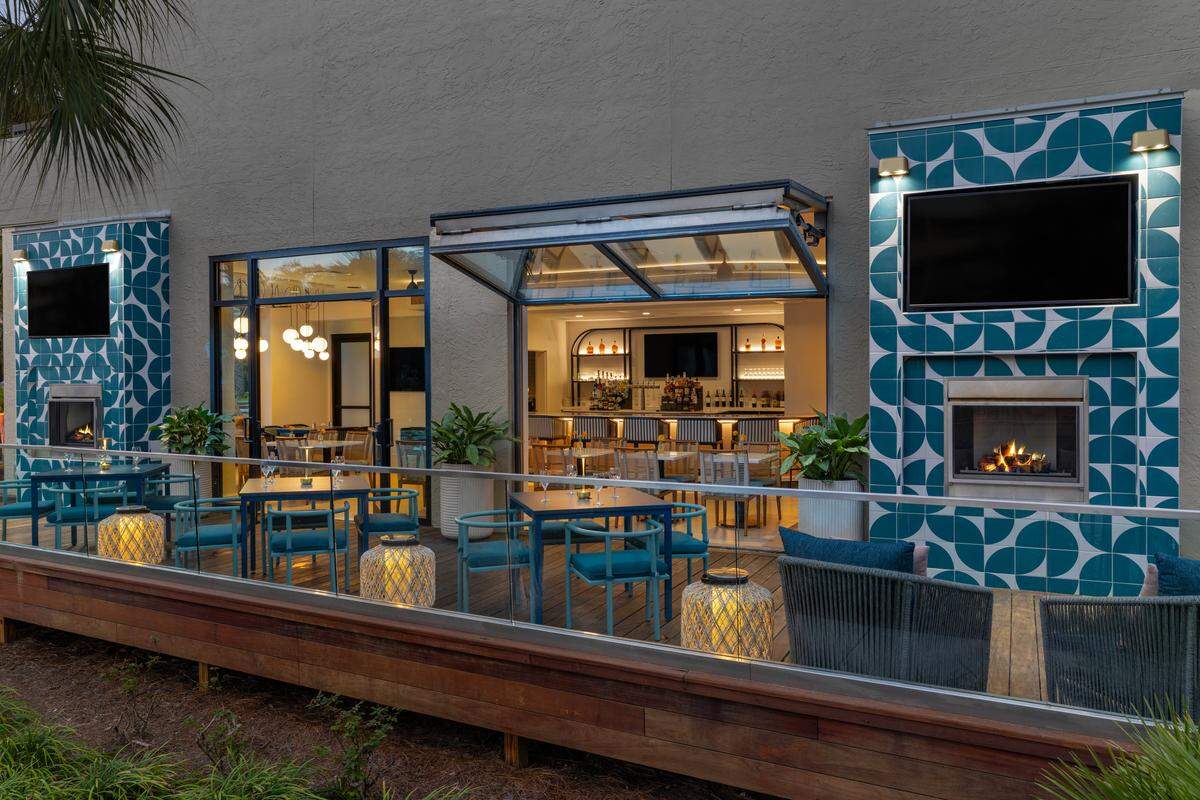 The blue and white tiled exterior at The Patio at the Sonesta Resort Hilton Head Island.