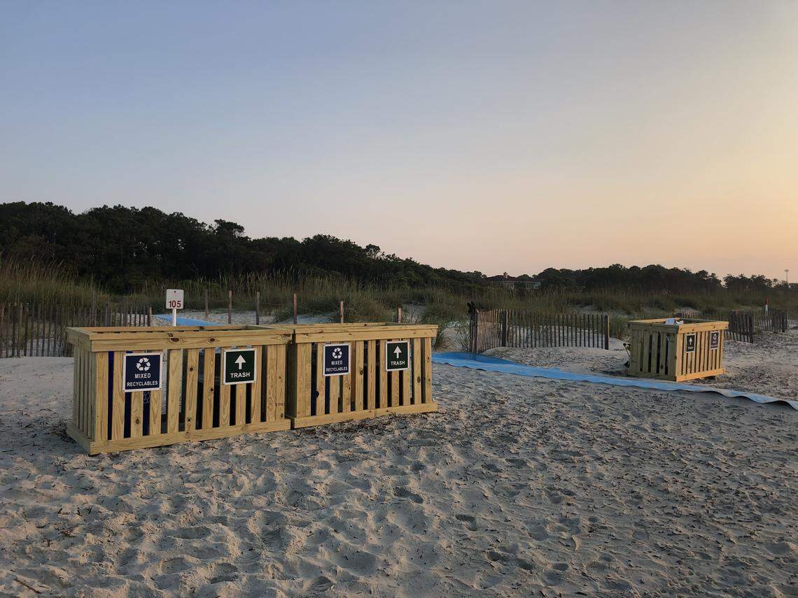 Wooden trash corrals at sunrise on Folly Field Beach on Hilton Head Island. The corral project was presented by three fifth grade students at a December 2018 Town Council meeting to help protect beach wildlife.