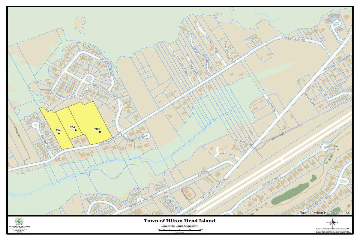 The Town to Hilton Head announced plans Tuesday to purchase 12 acres of land (shown in yellow) along Jonesville Road, marking a victory for a group of residents protesting excessive growth in the historic Jonesville neighborhood.