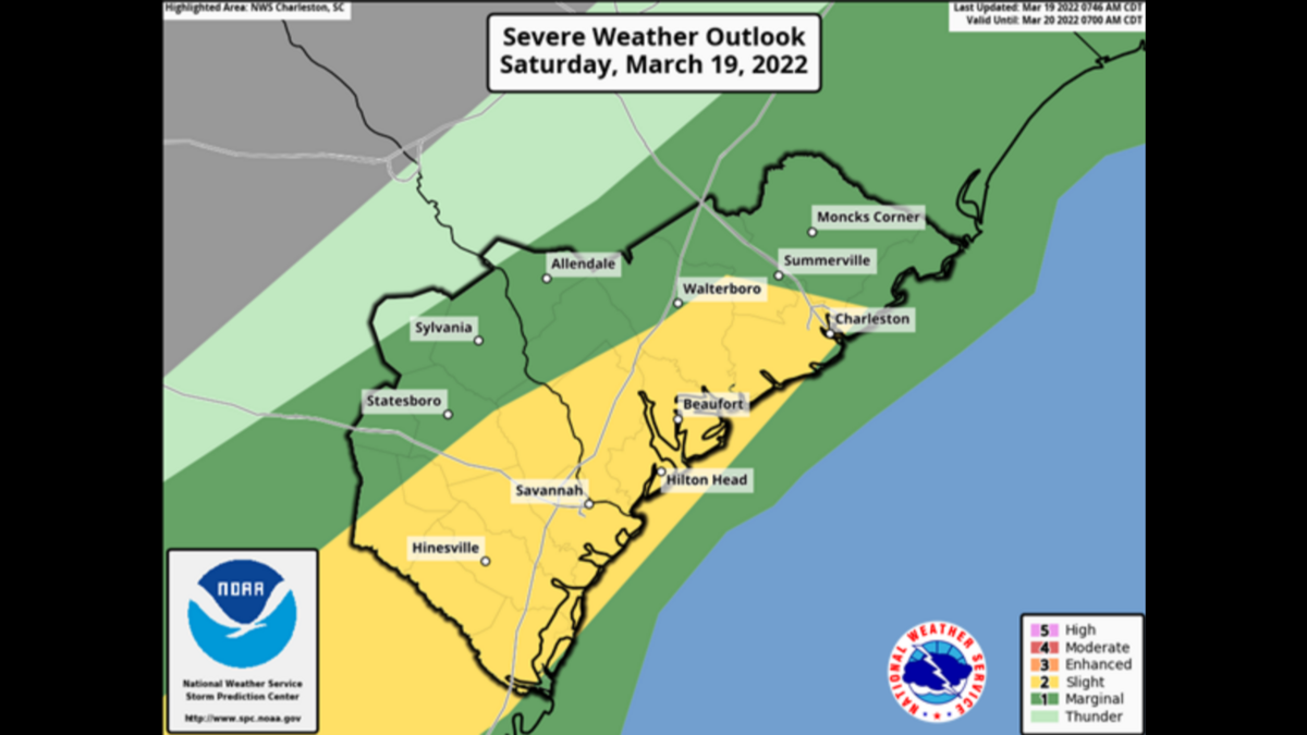 A National Weather Service in Charleston map for the forecast predicting a risk of thunderstorms across Beaufort County and South Carolina’s Lowcountry region on March 19, 2022