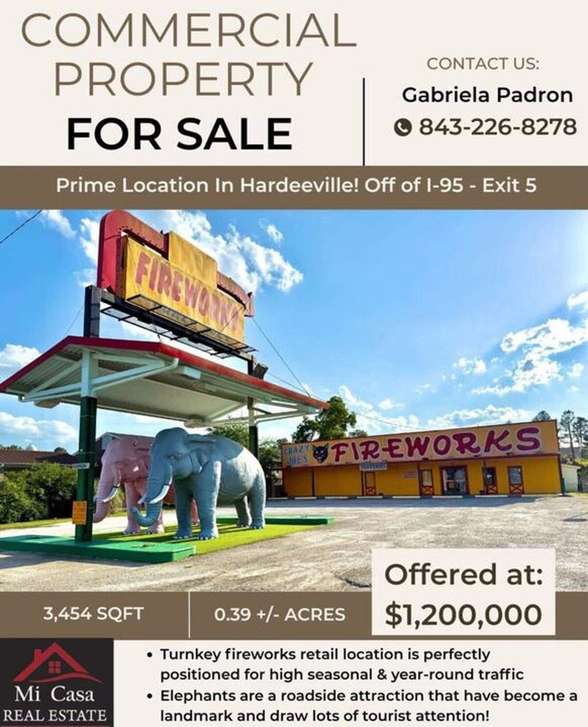 Two fiberglass elephants named Big Al and Lizzy are listed as a key selling point in a $1.2 million listing for a fireworks shop in downtown Hardeeville. The statues have become a beloved landmark for tourists traveling I-95 through the Jasper County area.