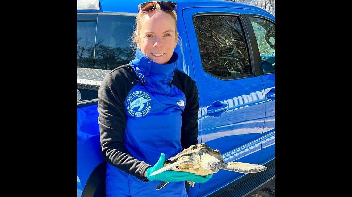 Amber Kuehn of Hilton Head Island Sea Turtle Patrol holds the islands first cold stunned sea turtle of 2025. The green turtle was found floating Tuesday near the Cross Island Boat Ramp at Broad Creek. It is now recovering at Sea Turtle Care Center at the South Carolina Aquarium in Charleston. 