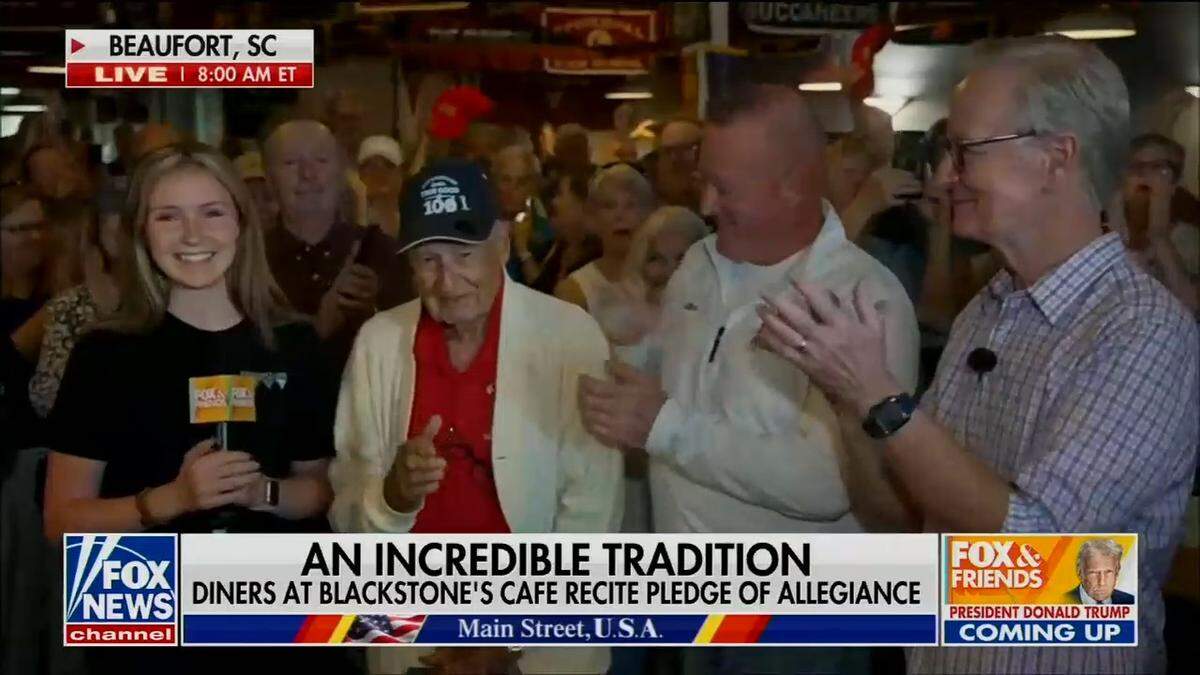 Pledge of Allegiance at Blackstone’s Cafe during Fox & Friends “Main Street USA Tour” in Downtown Beaufort on Aug. 19, 2025.