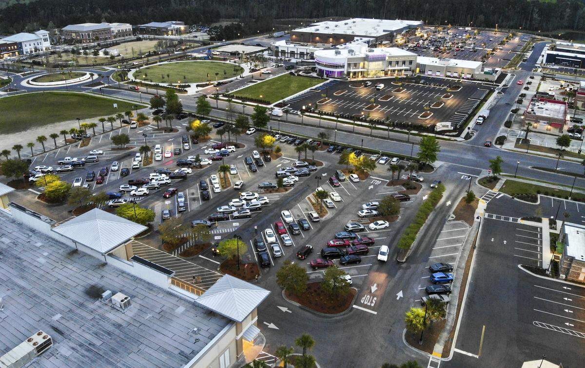 Shown is busy Buckwalter Place in Bluffton, South Carolina.