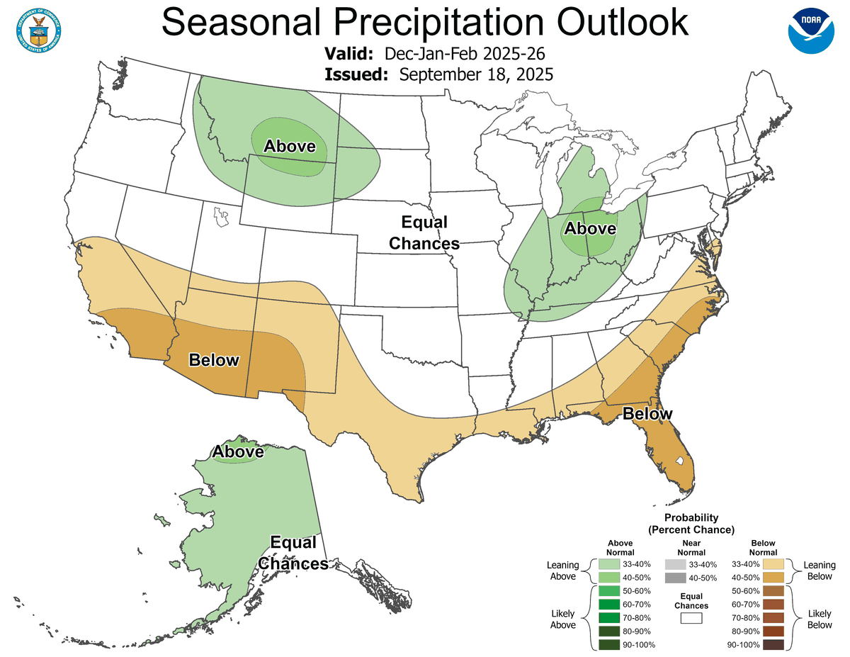 Winter precipitation forecast from the NWS for the 2025-2026 season.