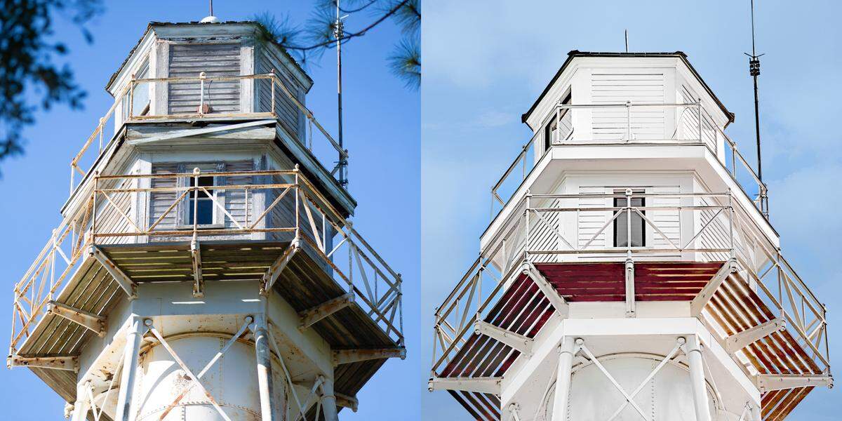 Hilton Head Rear Range Lighthouse, located in the Leamington area of Palmetto Dunes Oceanfront Resort, has a brand new stained roof and 360-degree observation deck boards. The lighthouse’s windows and doors were replaced and painted in a natural green tone.
