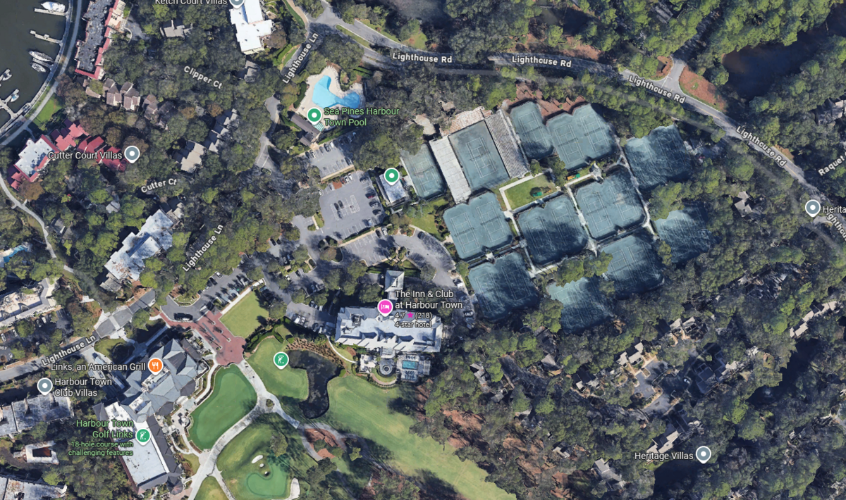 An aerial view of the acclaimed Inn & Club at Harbour Town shows the tennis courts and parking lots that will be demolished to make way for the inn expansion.