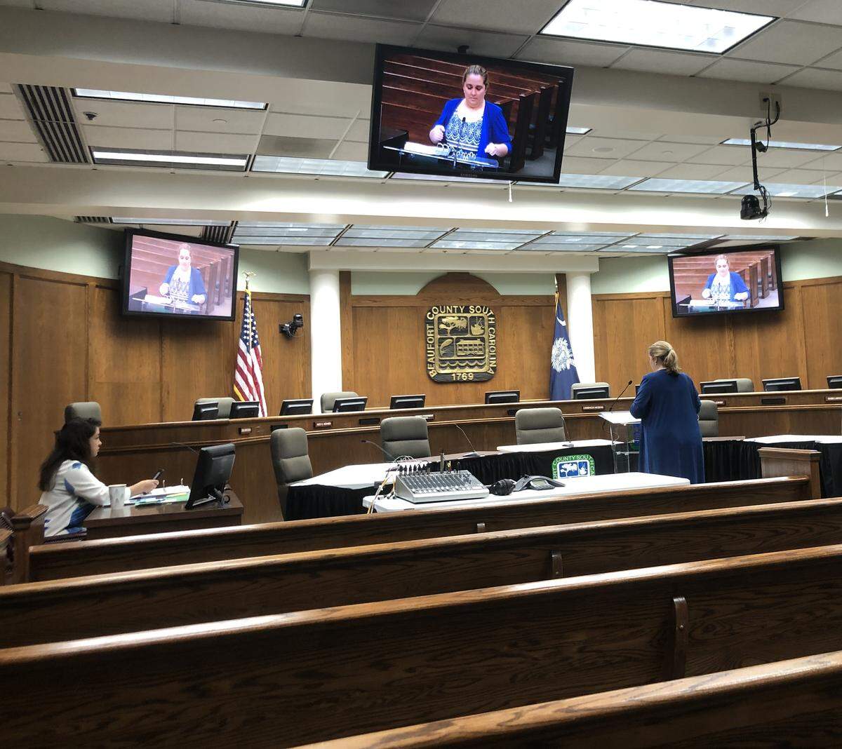 Alicia Holland, chief financial officer for Beaufort County (right), explains the projected general fund budget for Fiscal Year 2021 during a virtual budget work session on Thursday. Beaufort County Administrator Ashley Jacobs said the county is anticipating the coronavirus pandemic to last for another 18 to 24 months.