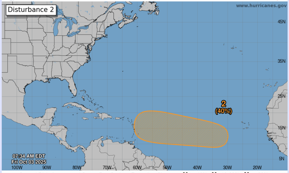 Central Tropical Atlantic development with a 40% chance of formation over the next seven days, according to the NHC.
