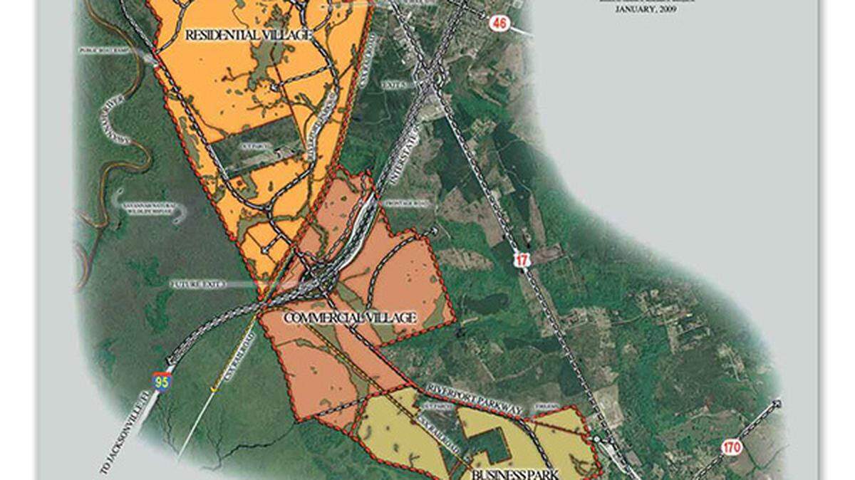 This map from a 2013 Stratford Land Company brochure shows the master conceptual layout for RiverPort.