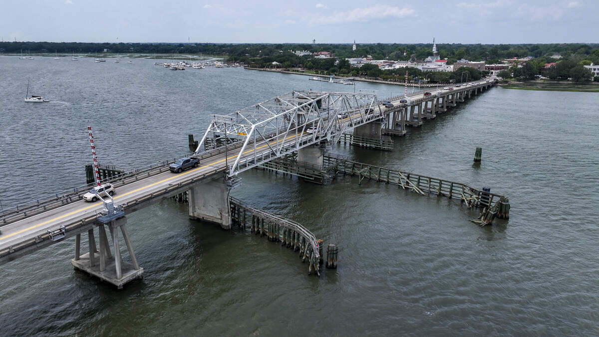 The Richard V. Woods Memorial Bridge with historic downtown Beaufort in the background.