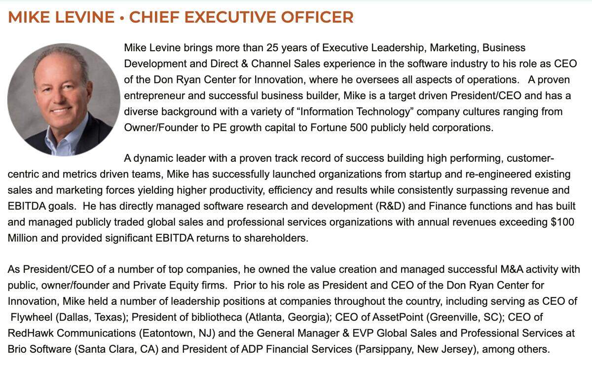 A screenshot of former Don Ryan Center for Innovation CEO Mike Levine’s biography on the town of Bluffton’s website.