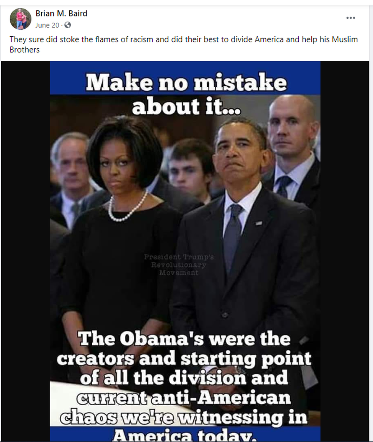 A post shared by Beaufort County Sheriff’s Office Lt. Brian Baird on June 20, where he insinuated former President Barack Obama is a “Muslim,” a known conspiracy theory.