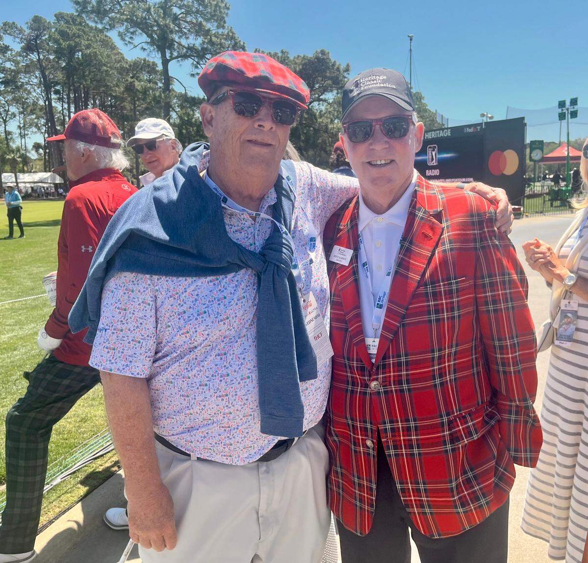 Don Sherard (left) in a tartan flat golf cap and Don Calhoon (right) in a tartan blazer