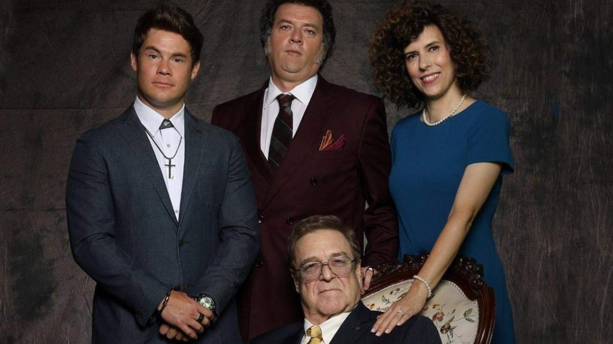 The HBO series “Righteous Gemstones” stars, back row (l to r) Adam Devine, Danny McBride and Edi Patterson. John Goodman is seated.