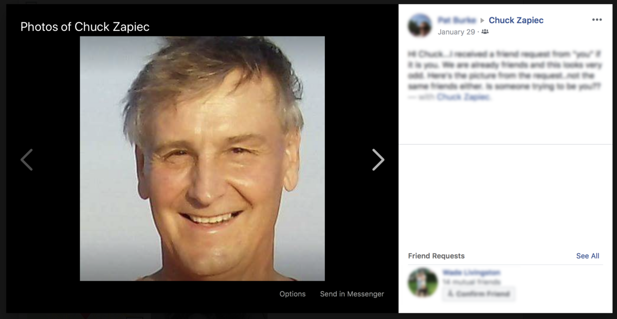 Chuck Zapiec’s Facebook page includes this photo of himself that was posted in January.