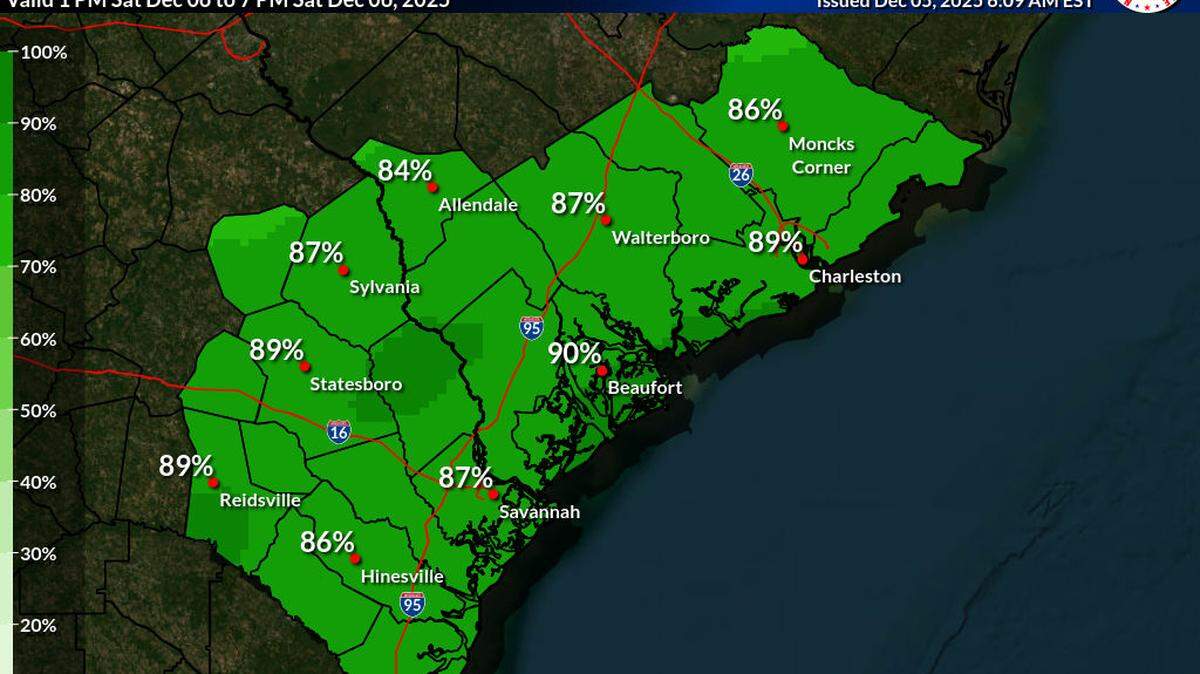 Expected rainfall across the Lowcountry on Saturday. Dec. 6, 2025, according to the National Weather Service Charleston Office.