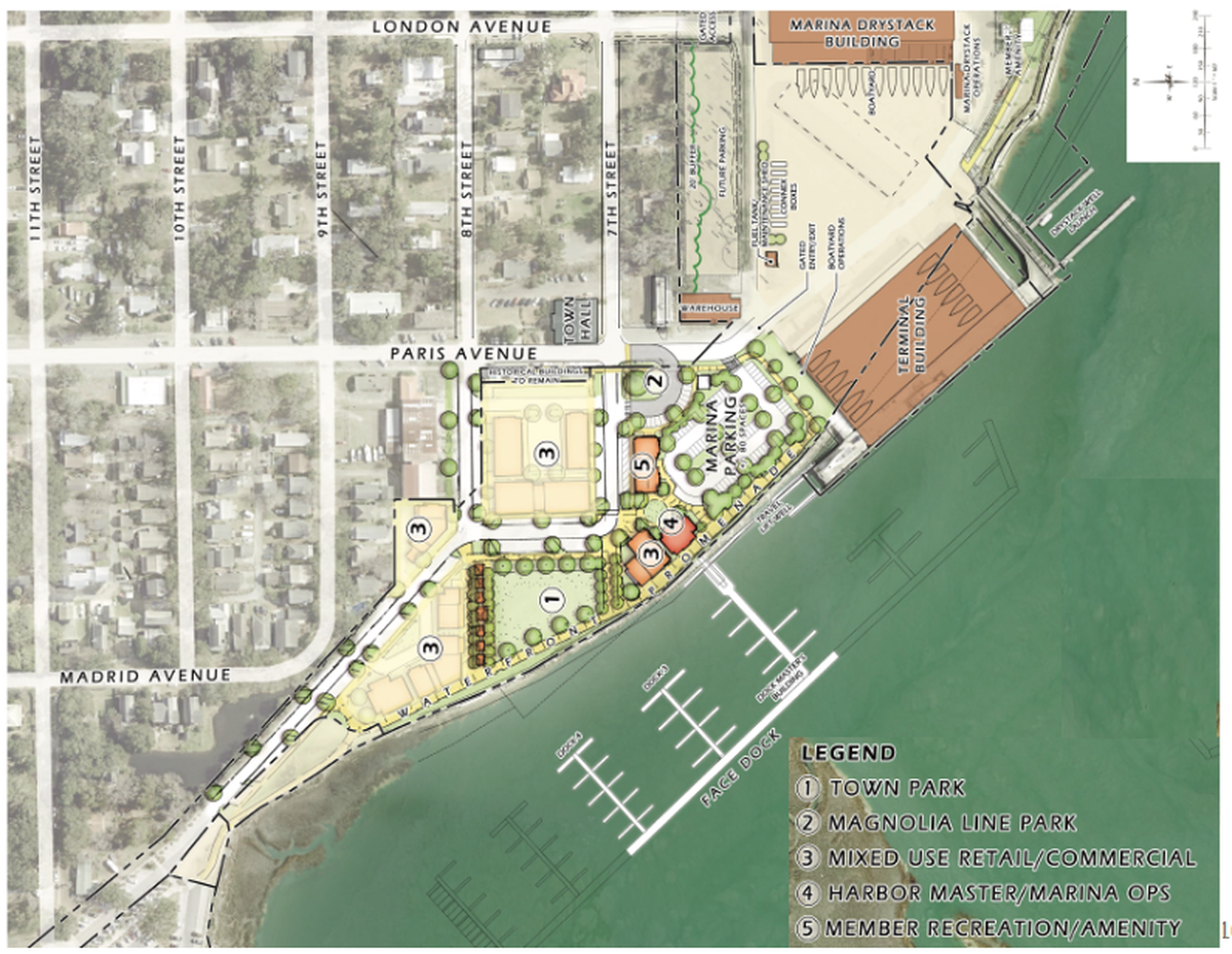 The rendering show the proposed redevelopment of the Port of Port Royal including Safe Harbor Marina plans and public amenities.