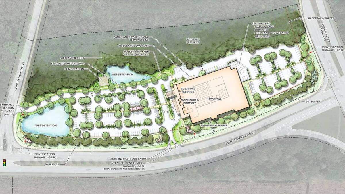 Approved plans for the 65,000 square-foot&nbsp;Beaufort Memorial Hospital and Medical University of South Carolina micro-hospital&nbsp;near the intersection of Bluffton Parkway, Innovation Drive and Buckwalter Parkway.