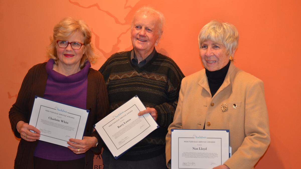 Honored Thursday as they step down from the board of the Hilton Head Island Audubon Society are, from left, Charlotte White, Barry Lowes and Nan Lloyd.