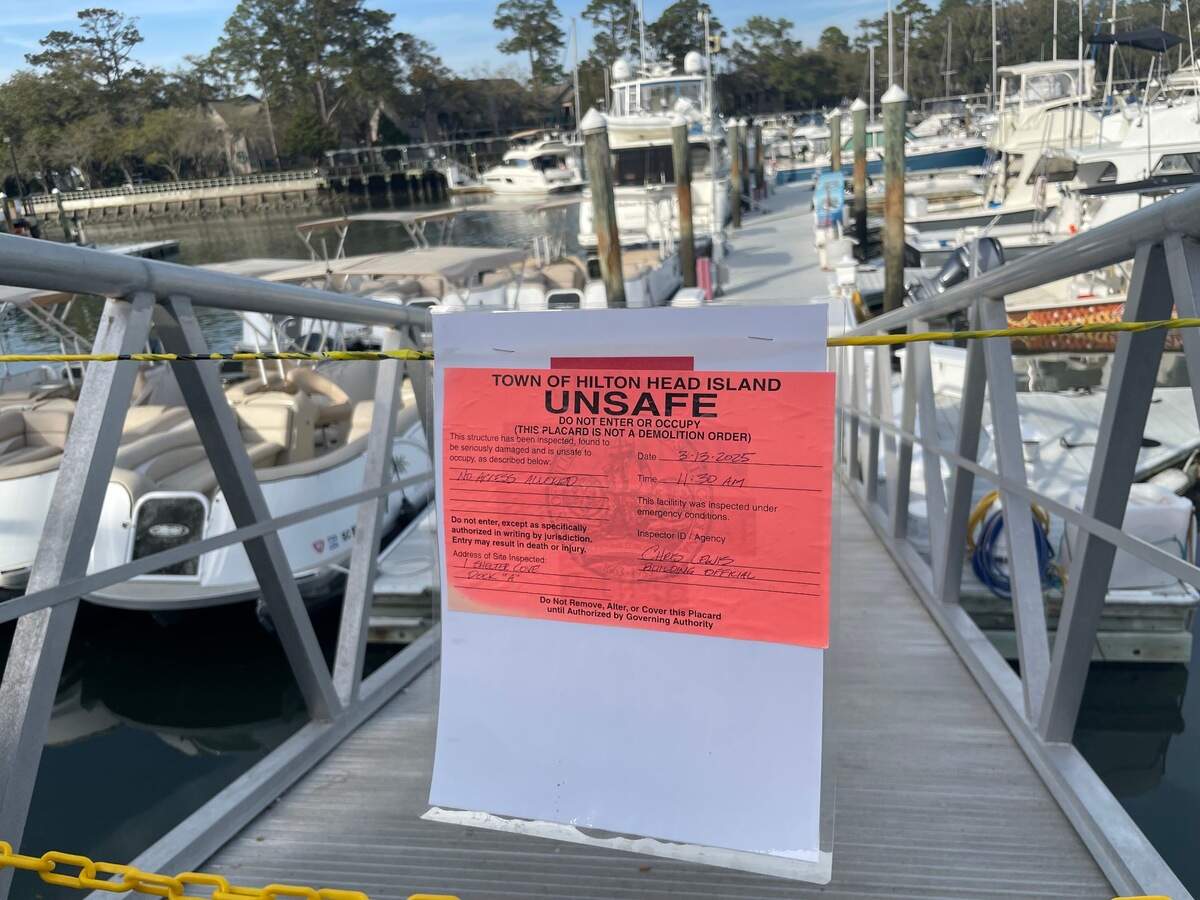Following a gangway collapse at the Shelter Cove Marina the afternoon of March 12, 2025, employees with the Town of Hilton Head Island blocked access to multiple docks and posted placards declaring the walkways “unsafe.”