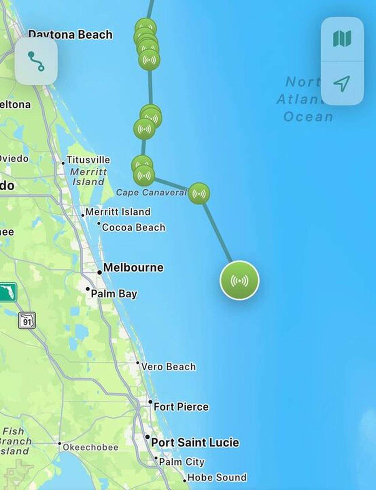 Tracking data from Sharktivity, a tracking app by the Atlantic White Shark Conservancy, shows Freeman’s last ping on Jan. 27 off the coast of Melbourne, Florida.