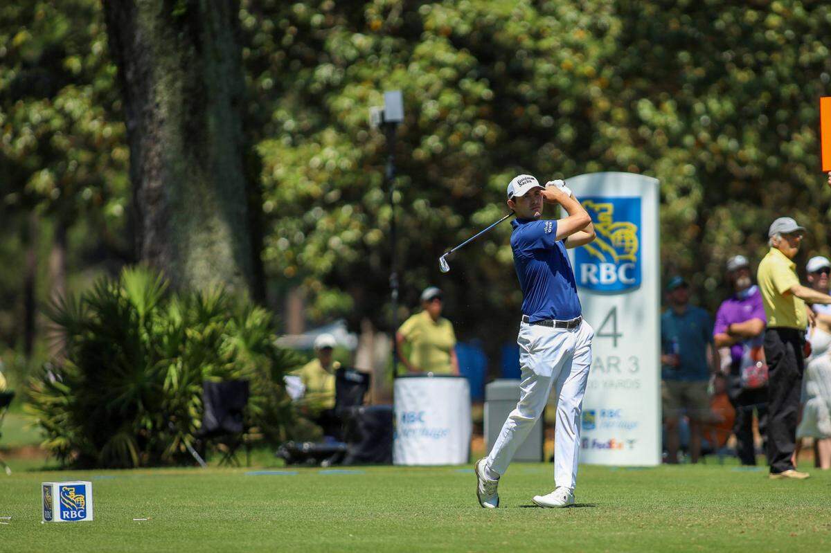 Patrick Cantlay tees off from the fourth hole during the third round of the RBC Heritage Presented by Boeing at Harbour Town Golf Links on Saturday, April 15, 2023 in Sea Pines on Hilton Head Island.