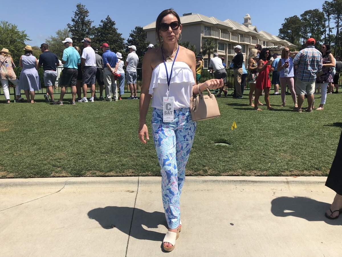 Tammy Randolph loves the color of these blue and pink pants.