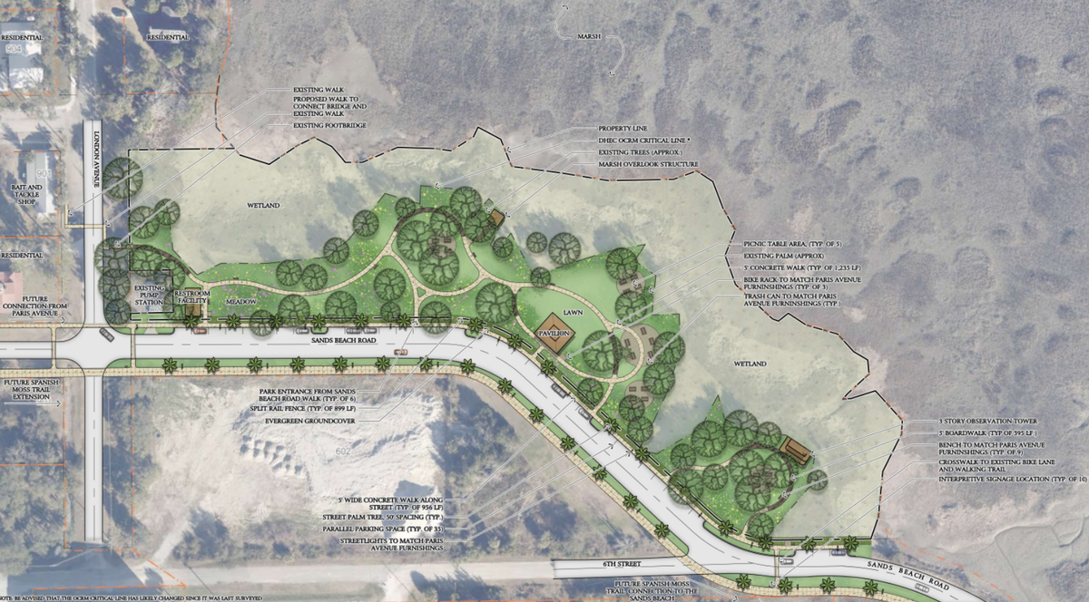 A preliminary map of a park being developed between the marsh and Sands Beach Road in Port Royal shows a pavilion, overlooks to view the marsh, restrooms, benches and a walkway. A 3-story tower shown on the map is no longer under consideration.