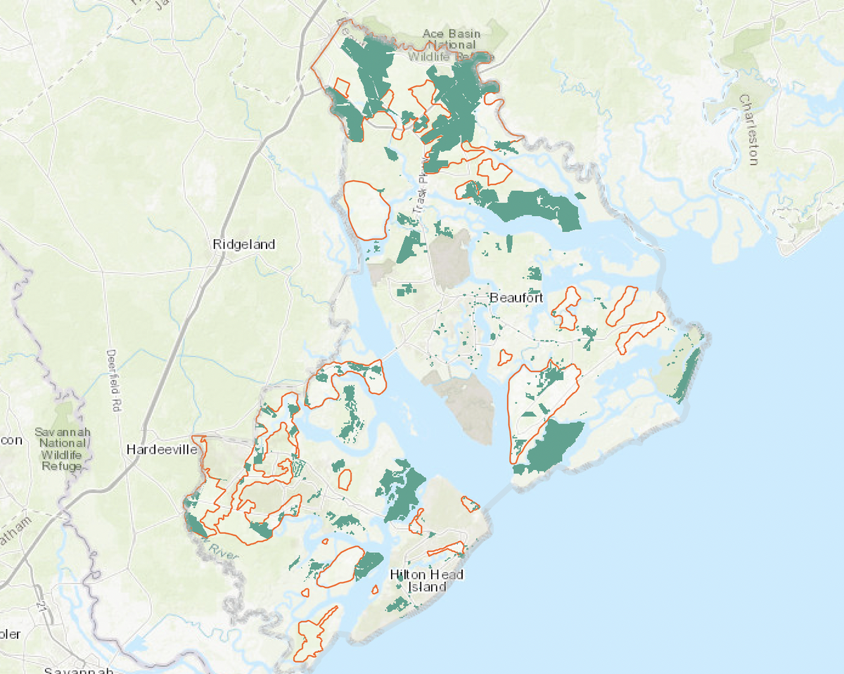 Enclosed in red are “target areas” of Green Space preservation efforts, as outlined in the Beaufort County Greenprint Plan. County officials say these areas will be the focus of the program’s $100 million projected budget.