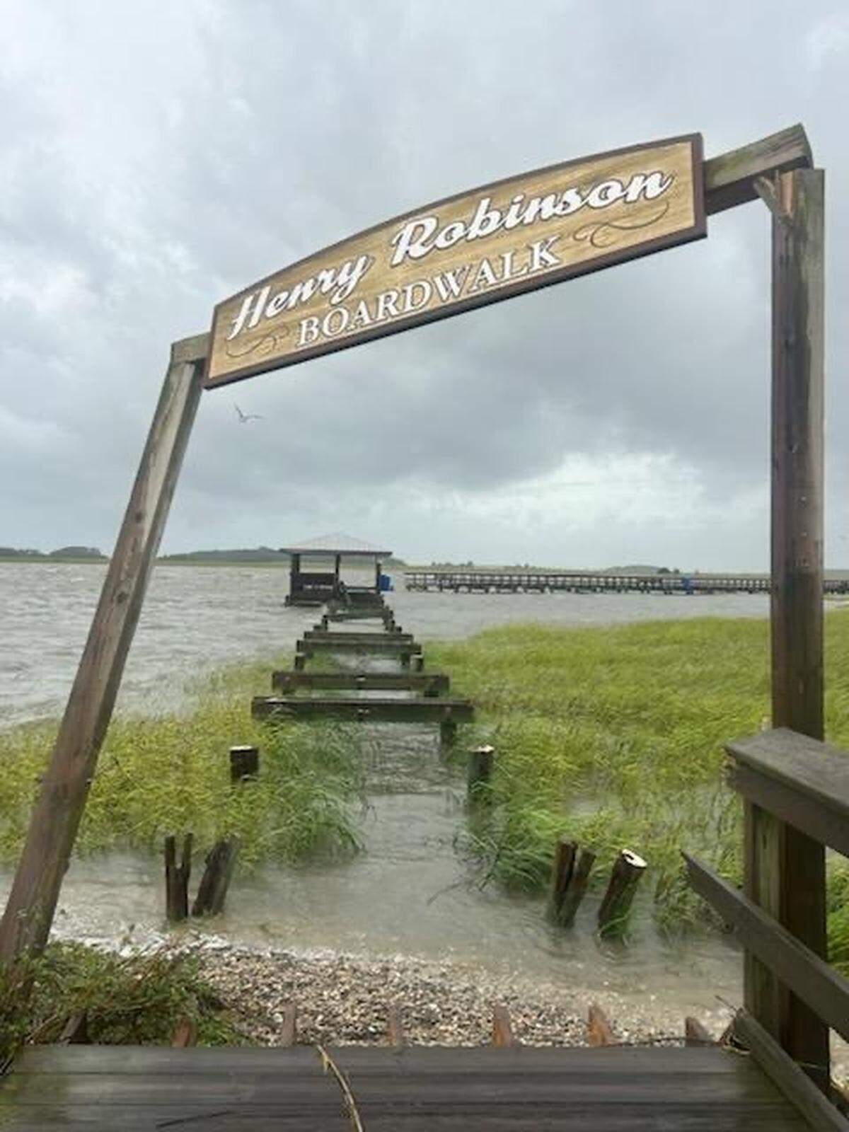 The Henry Robinson Boardwalk was washed away from the high surf from Hurricane Helene on Friday, Sept. 27, 2024, in the Town of Port Royal.
