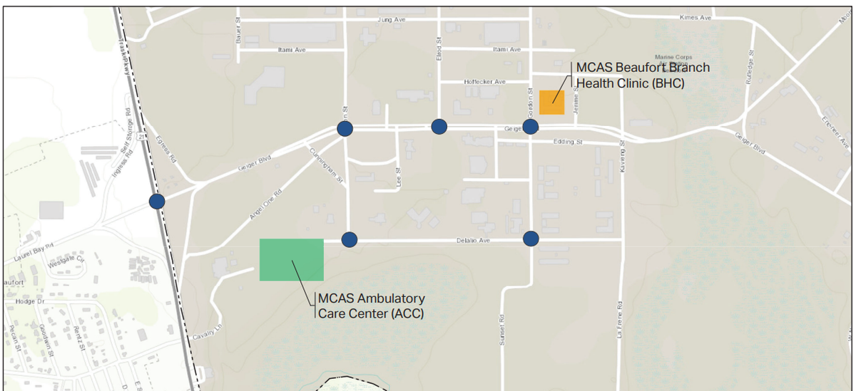 The gold represents the location of the current clinic. The green represents the proposed new ambulatory care center.