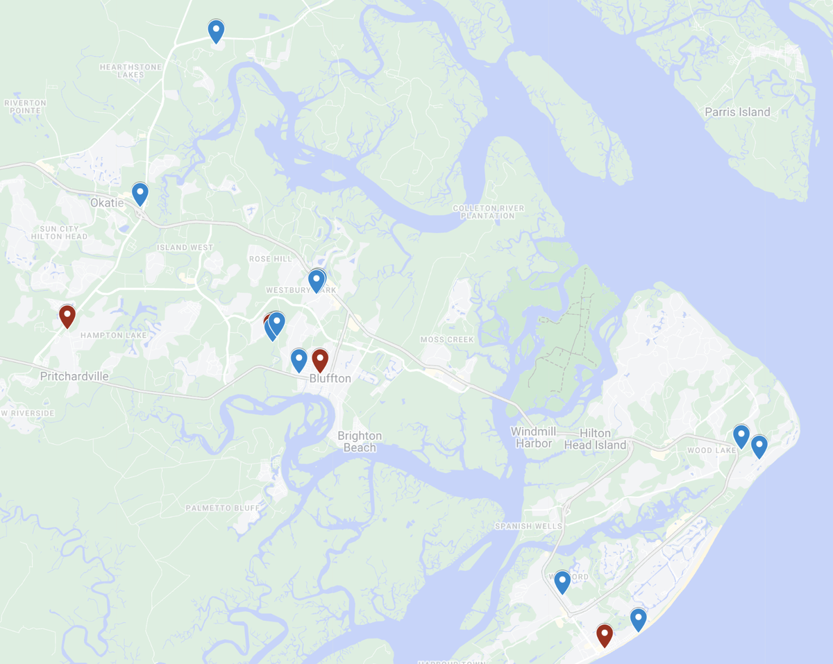 In the first 11 days of August, police in Hilton Head and Bluffton reported 17 cases of car break-ins (blue) or stolen vehicles (red).