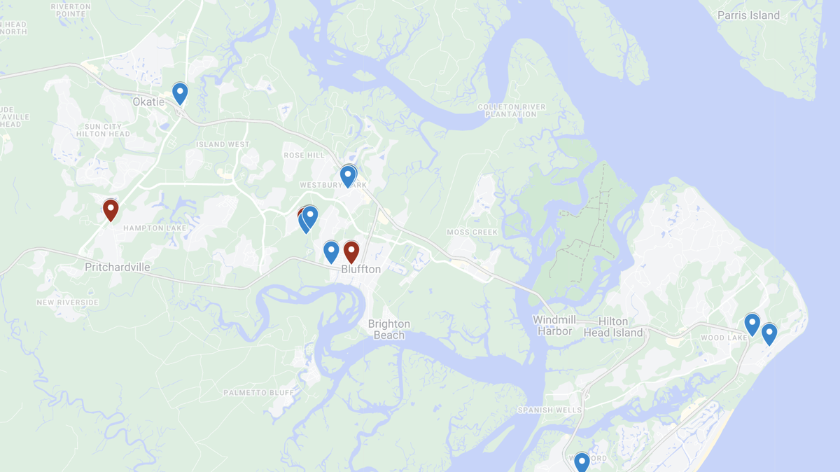 In the first 11 days of August, police in Hilton Head and Bluffton reported 17 cases of car break-ins (blue) or stolen vehicles (red).