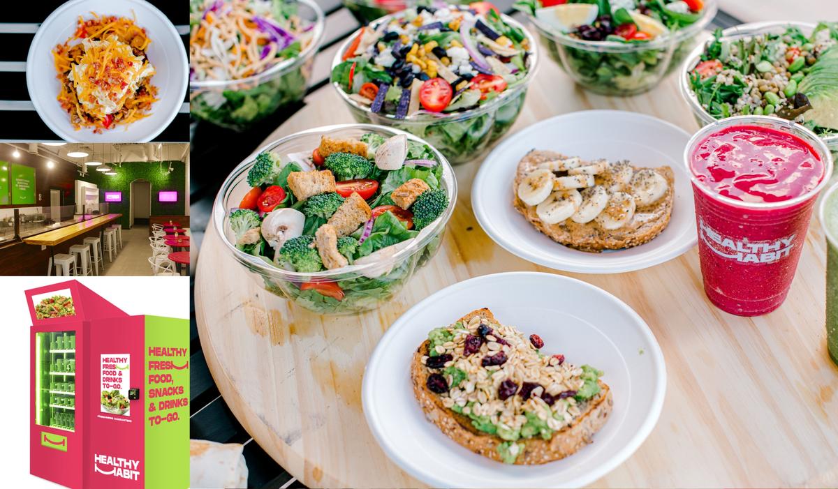 Healthy Habit will be serving up fresh salads and bowls (upper and middle left photos) and will soon have kiosks with healthy options in various locations (bottom left).