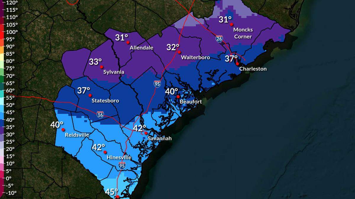 Sunday morning brings temperatures in the low 40’s for Hilton Head and Beaufort before warming up in the afternoon and rain chances increase to 80%.