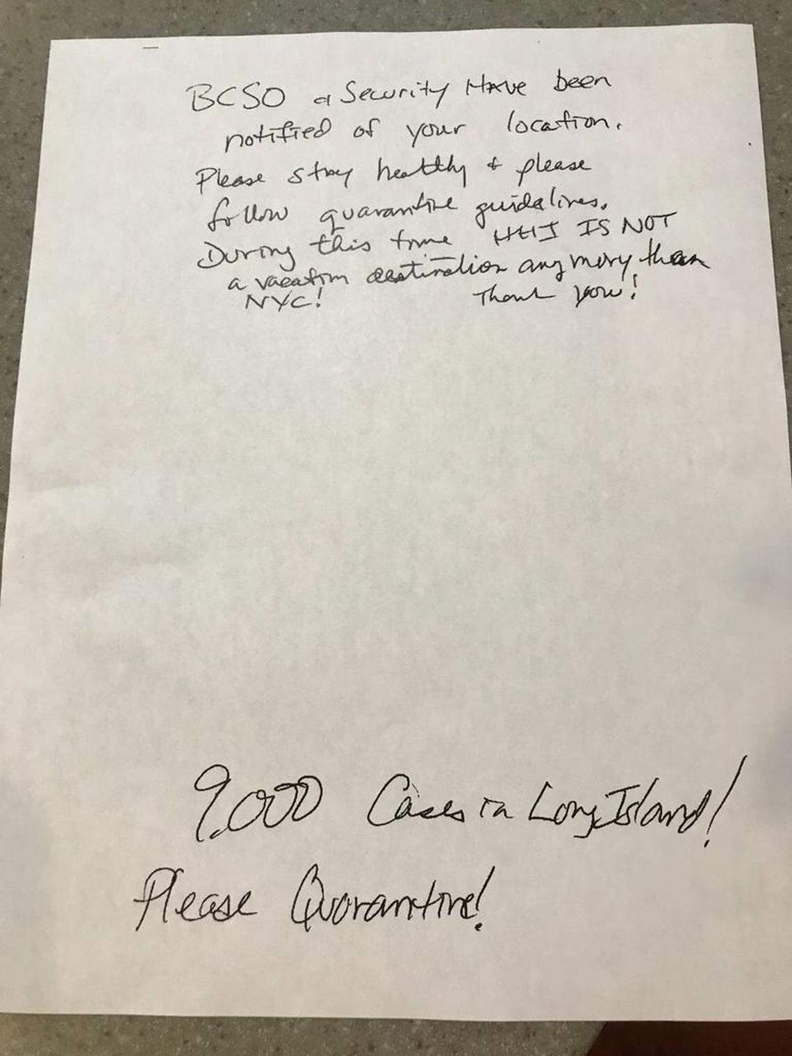 A note left on a car with out-of-state license plates on Hilton Head Island during the coronavirus outbreak encourages the driver to self-quarantine.
