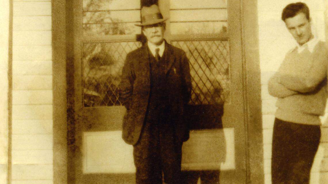 Luke Peeples outside the family store on Calhoun Street in Bluffton, where he worked with his father, Jesse D. Peeples, center.