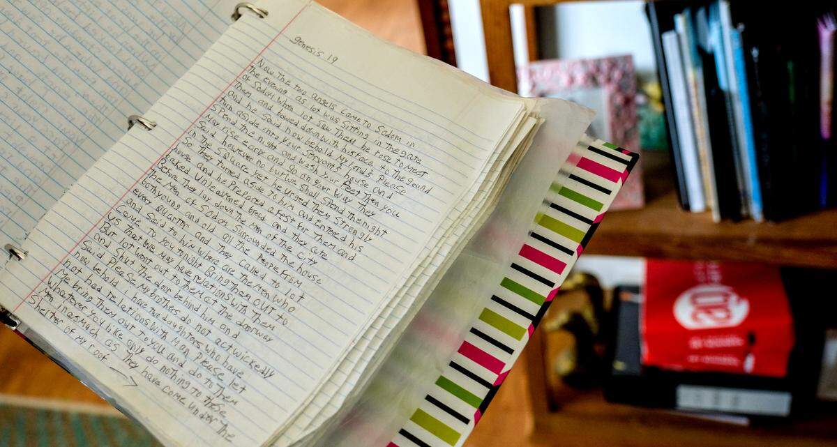 An example of Caroline Campbell’s handwritten transcription of New American Standard version of the Bible as seen on Thursday, May 27, 2021 in her Beaufort home. Campbell, who has Down syndrome, started with one verse in January 2012 and on Sunday June 9, she’ll finish transcribing the entire Bible while standing in front of her congregation at Community Bible Church.